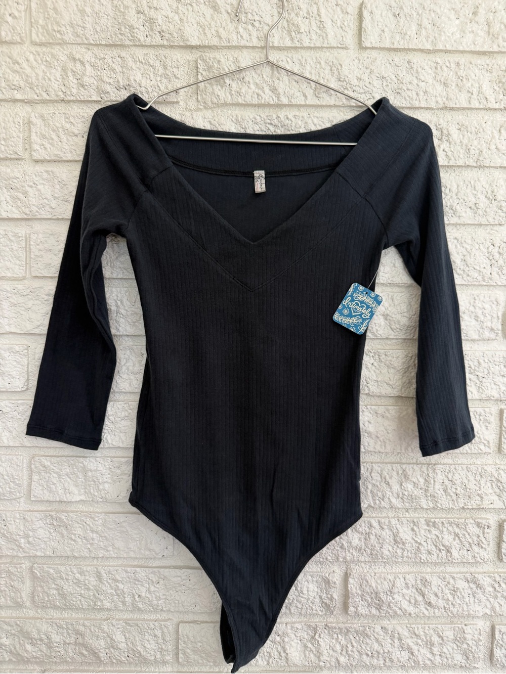 Free People Bardot Black Ribbed V-Neck Long Sleeve Bodysuit